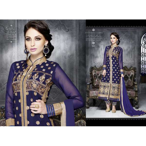 Blue Gold Embroidered Dress Kurti Party Wear Salwar Suit