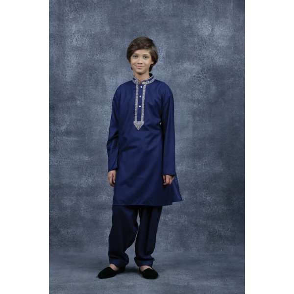 Navy Blue Designer Embroidered Shalwar Kurta for Kids