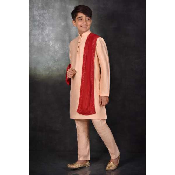 Peach Traditional Boys Kurta Stole Set