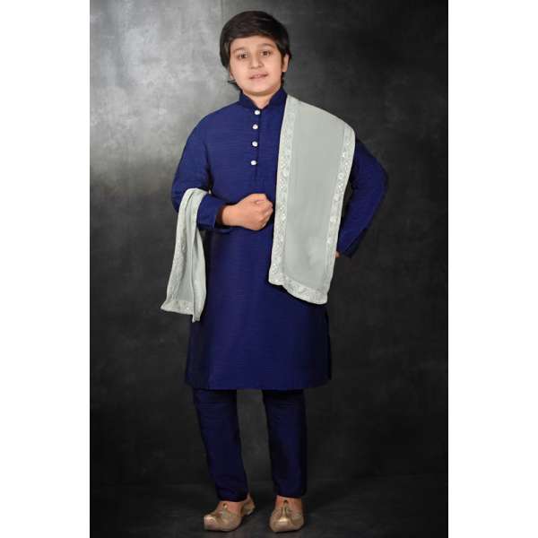 Navy Blue Indian Boys Wedding Wear Kurta Stock Pajama Set