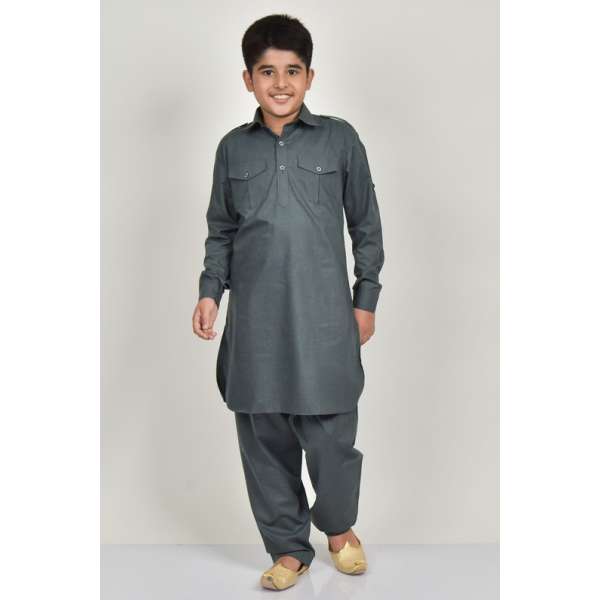 Dark Grey Collar Kurta For Boys
