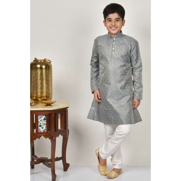 Grey Embroidered Designer Party Wear Boys Kurta Pajama