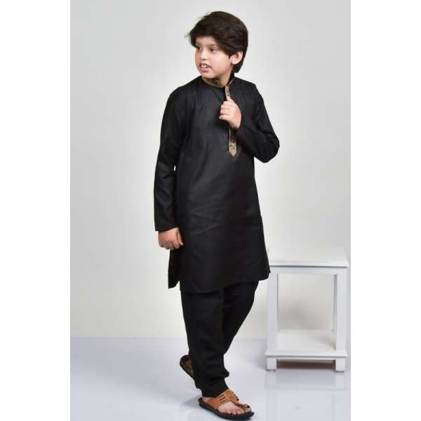 Jet Black Indian Boys Embroidered Kurta Suit