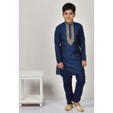 Boys Gold Embroidered Navy Blue Kurta Payjama