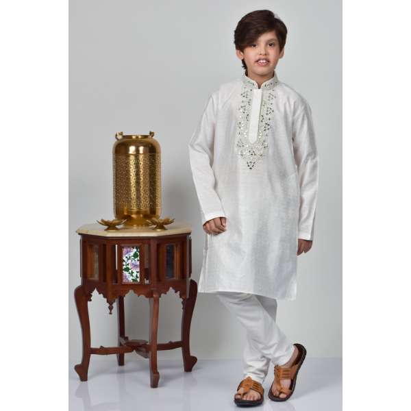 White Mirror Work Boys Eid Kurta Salwar