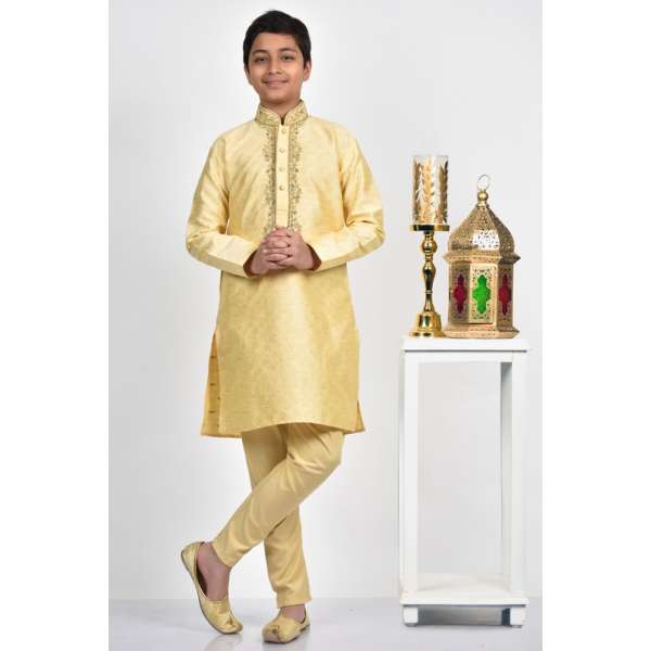 Gold Premium Texture Embroidered Indian Boys Kurta Pajama