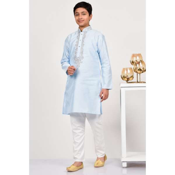 Light Blue Embroidered Kurta White Pajama Boys Suit