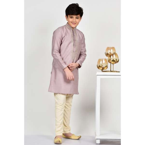 Mauve Desi Boys Embroidered Kurta Pajama Set