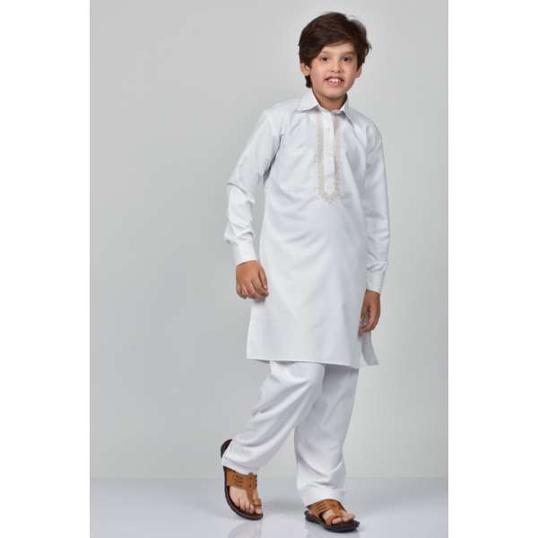 White Embroidered Pathan Boy Embroidered Salwar Kameez