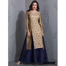 RICH BRONZE BROCADE TOP WITH MOTIZ PAIRED WITH BLUE TAFTA SKIRT