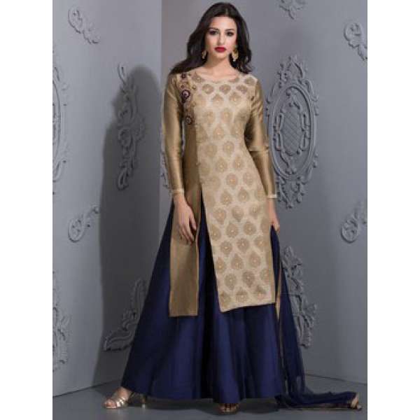 RICH BRONZE BROCADE TOP WITH MOTIZ PAIRED WITH BLUE TAFTA SKIRT