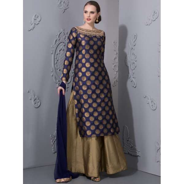 Blue Gold Silk Dress Wedding Gown