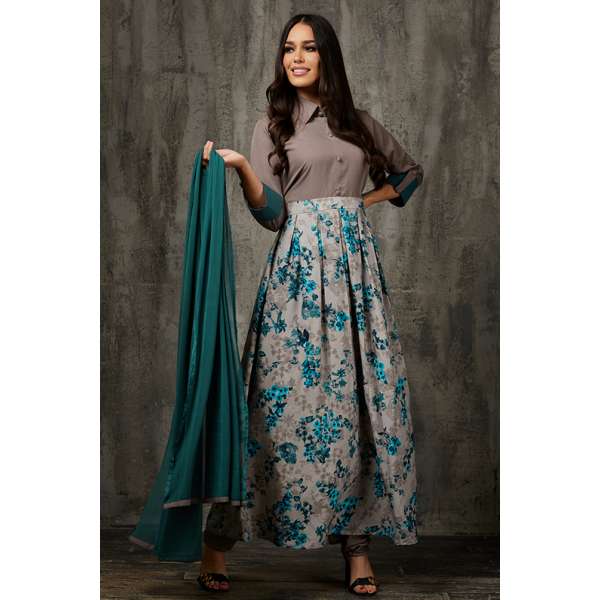 Grey Floral Printed Frock Indian Party Wear Dress 