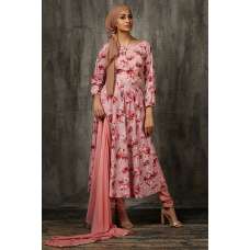 Peach Floral Printed Circular Dress Indian Ethnic Party Suit