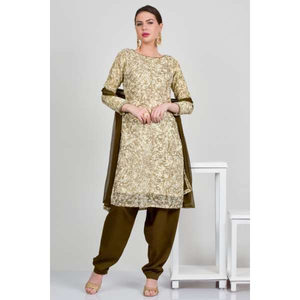 Cream & Mehndi Printed Summer Casual Suit