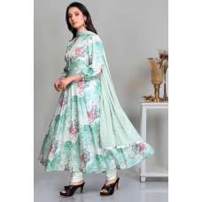Mint Digital Printed Frock Style Churidar Suit Readymade Crepe Dress