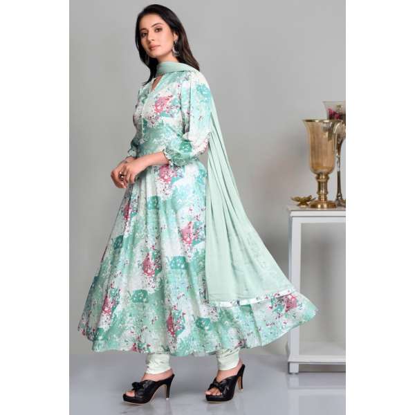 Mint Digital Printed Frock Style Churidar Suit Readymade Crepe Dress