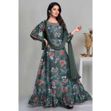 Charcoal Grey Printed Long Dress Party Wear Gown