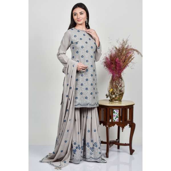 Grey Party Wear Embroidered Gharara Suit