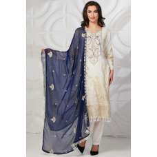 Cream Blue Embroidered Festive Salwar Kameez Suit