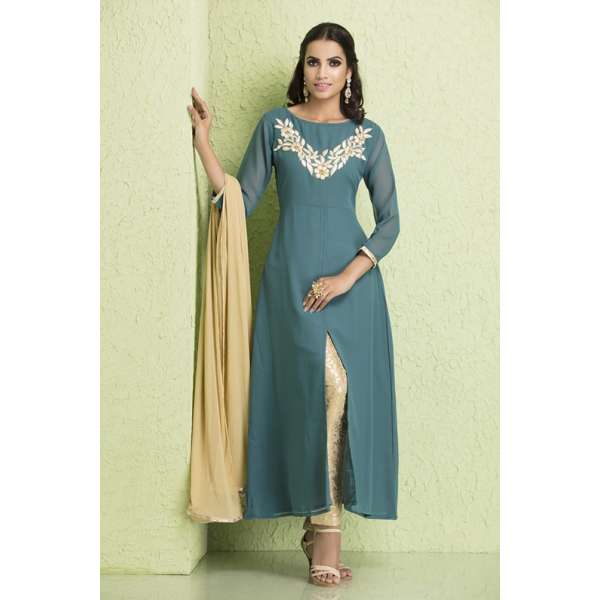Aqua Gold Georgette Suit Ready to Wear Dress