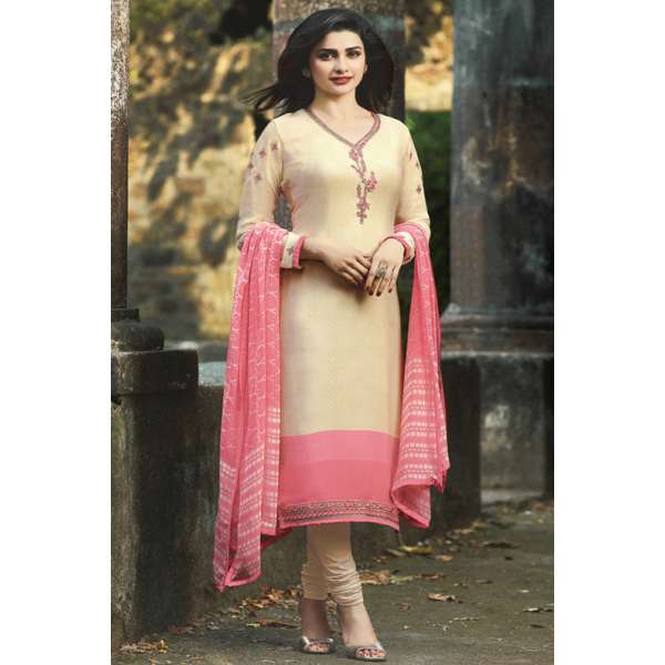 Vanilla Custard Creamy Churidaar Suit With Pink Dupatta