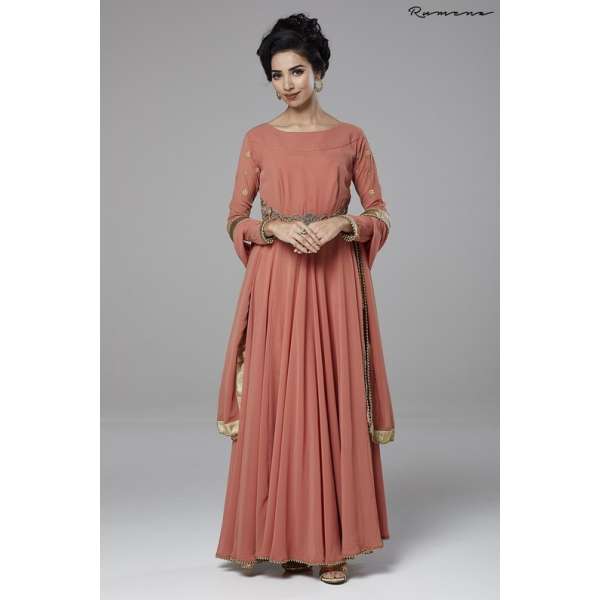 DARK PEACH INDIAN EVENING WEAR FLARED GOWN