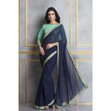 Blue Party Sari Green Readymade Saree Blouse