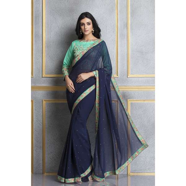 Blue Party Sari Green Readymade Saree Blouse