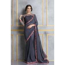 ZACS-63 GREY AND NAVY BLUE GEORGETTE EMBROIDERED SAREE