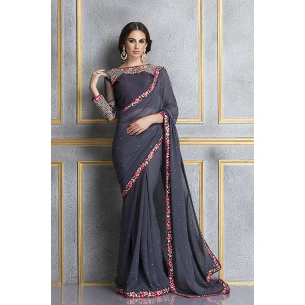 ZACS-63 GREY AND NAVY BLUE GEORGETTE EMBROIDERED SAREE