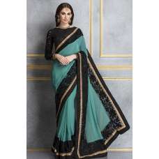 ZACS-67 RAMA AND BLACK GEORGETTE AND LACE NET PARTY WEAR SAREE