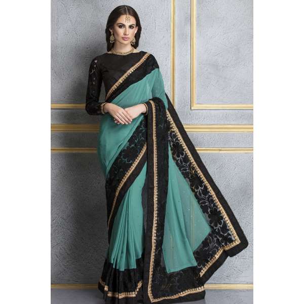 ZACS-67 RAMA AND BLACK GEORGETTE AND LACE NET PARTY WEAR SAREE