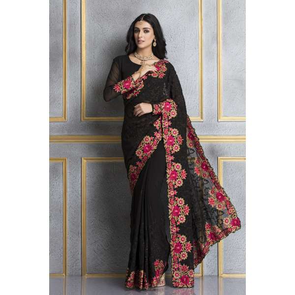 ZACS-69 BLACK GEORGETTE EMBROIDERED INDIAN PARTY WEAR SAREE