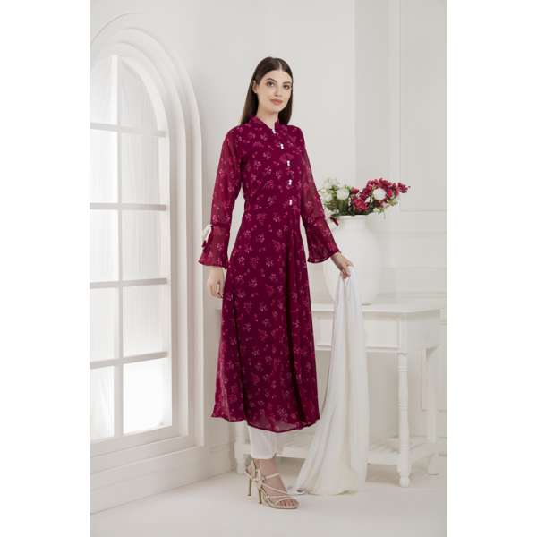 HOT PINK AND OFF WHITE FLARED STYLE READY MADE SUIT