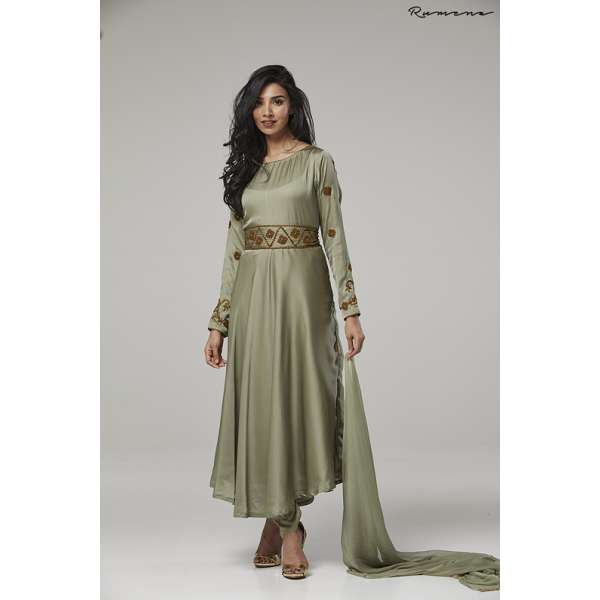 Mehndi Green Satin long dress Anarkli
