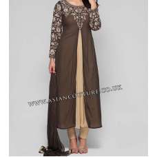 BROWN AND BEIGE A LINE SLIT JACKET STYLE CHURIDAAR SUIT