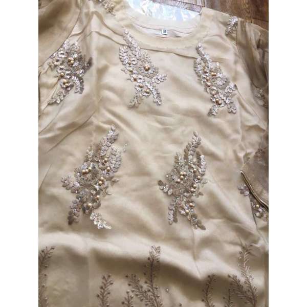 LUXURY BEIGE GOLD PEARL EID DESIGNER READY MADE SUIT 