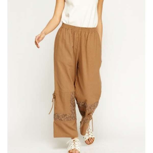 Stunning Beige Embroidered Hem Wide Leg Trousers