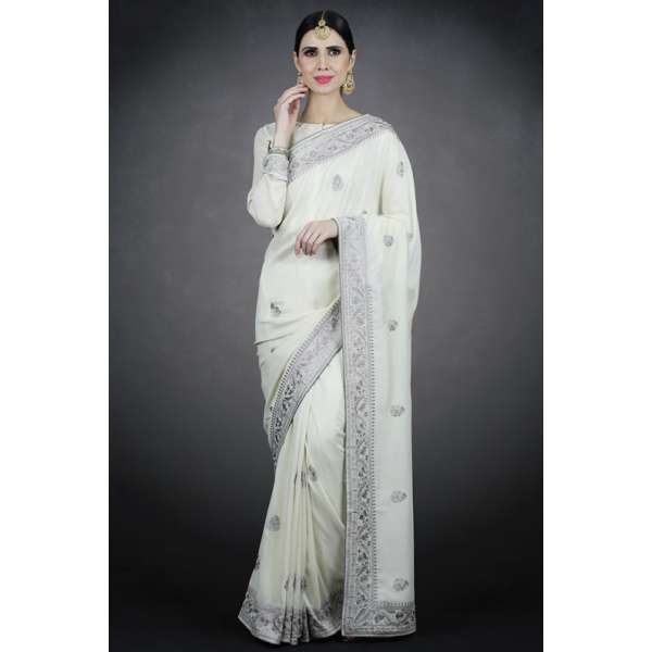 Stunning Ivory Indian Wedding Bridal Embroidered Saree