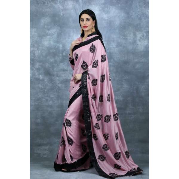 Rose Pink & Black Ethnic Saree Indian Wedding Party Sari