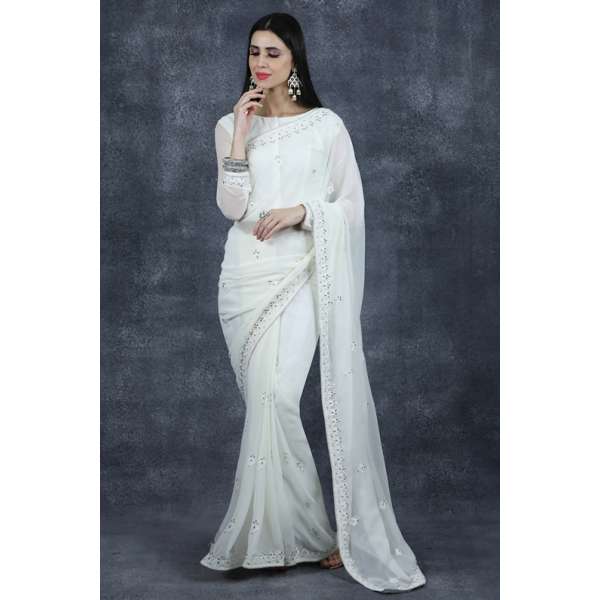 White Readymade Saree Indian Designer Sari Online