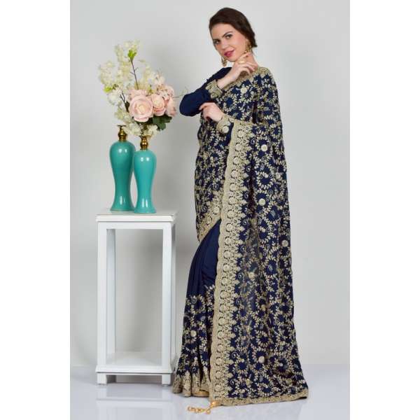 Navy Blue Embroidered Ethnic Readymade Saree