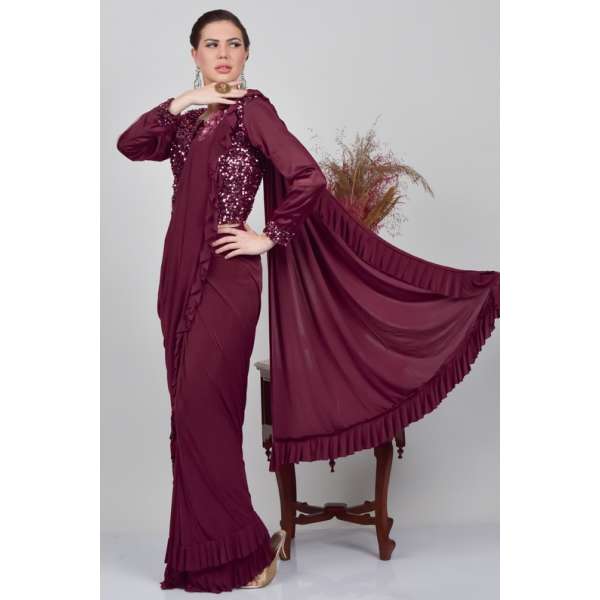 Dark Maroon Pakistani Designer Evening Wear Saree