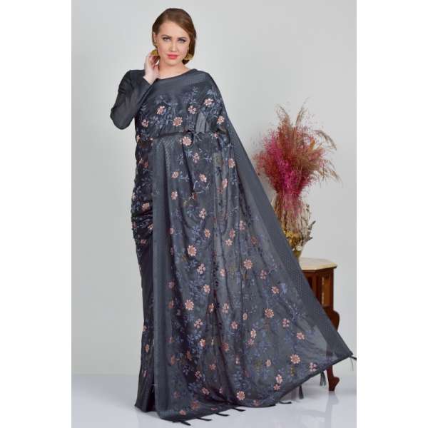 Grey Indian Embroidered Party Wear Saree