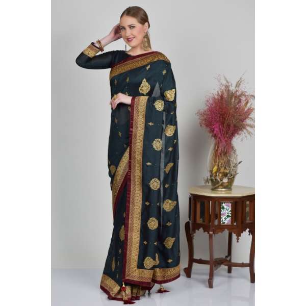 Peacock Blue Designer Embroidered Saree