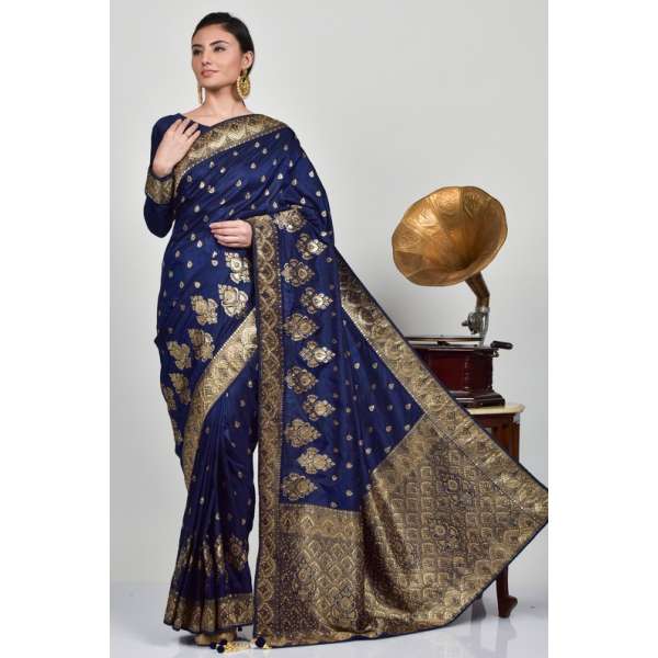 Navy Blue Brocade Indian Party Wear Saree