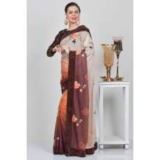 Brown Floral Printed Designer Saree