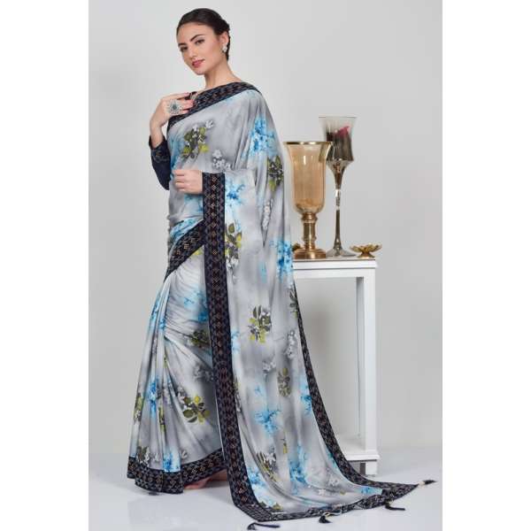 Grey & Navy Blue Digital Printed Saree