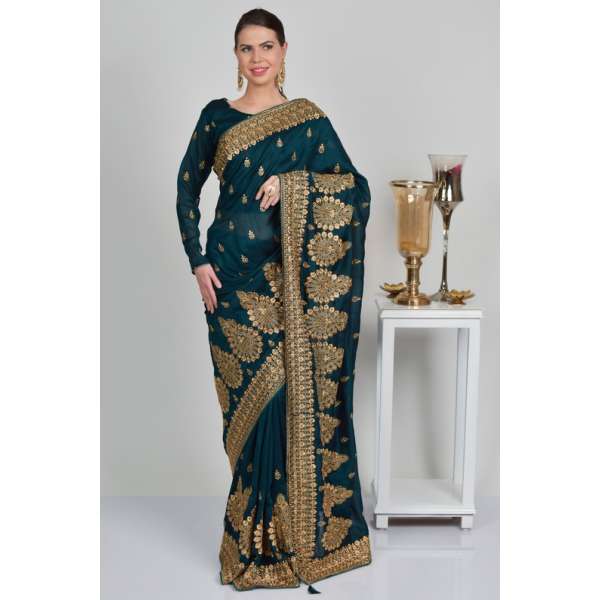 Peacock Blue Pakistani Designer Embroidered Saree